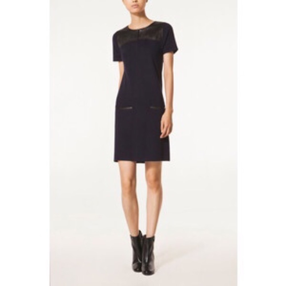Combined Wool Dress with Leather Details